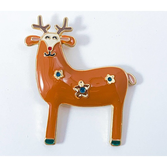 Happy Reindeer with Red Nose - Super Cute Enamel Christmas Brooch/ Pin - Picture 3 of 4